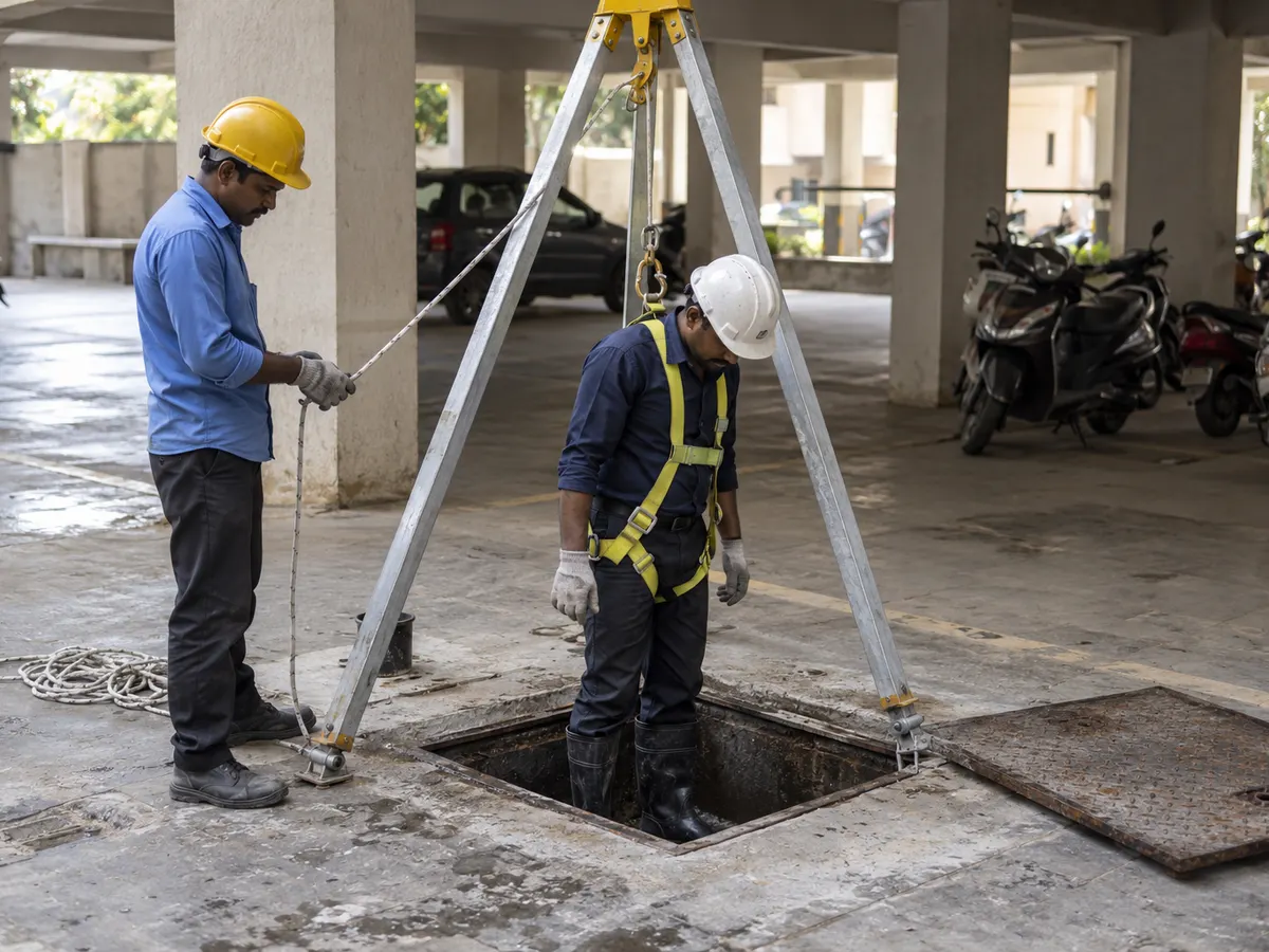 Technician in a helmet and safety harness stepping into an underground sump opening under a tripod, while a second technician holds the rope