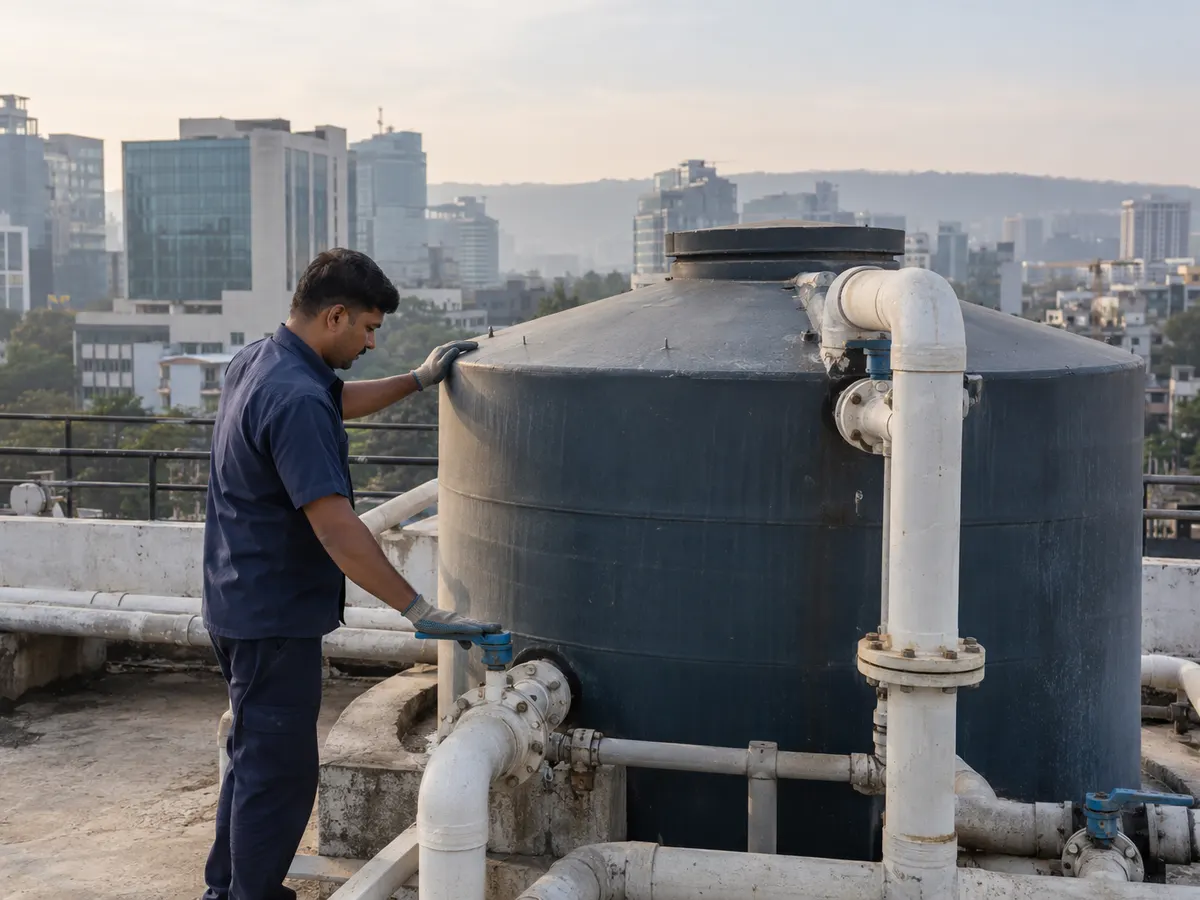 Technician beside a large water tank on the roof of an office building