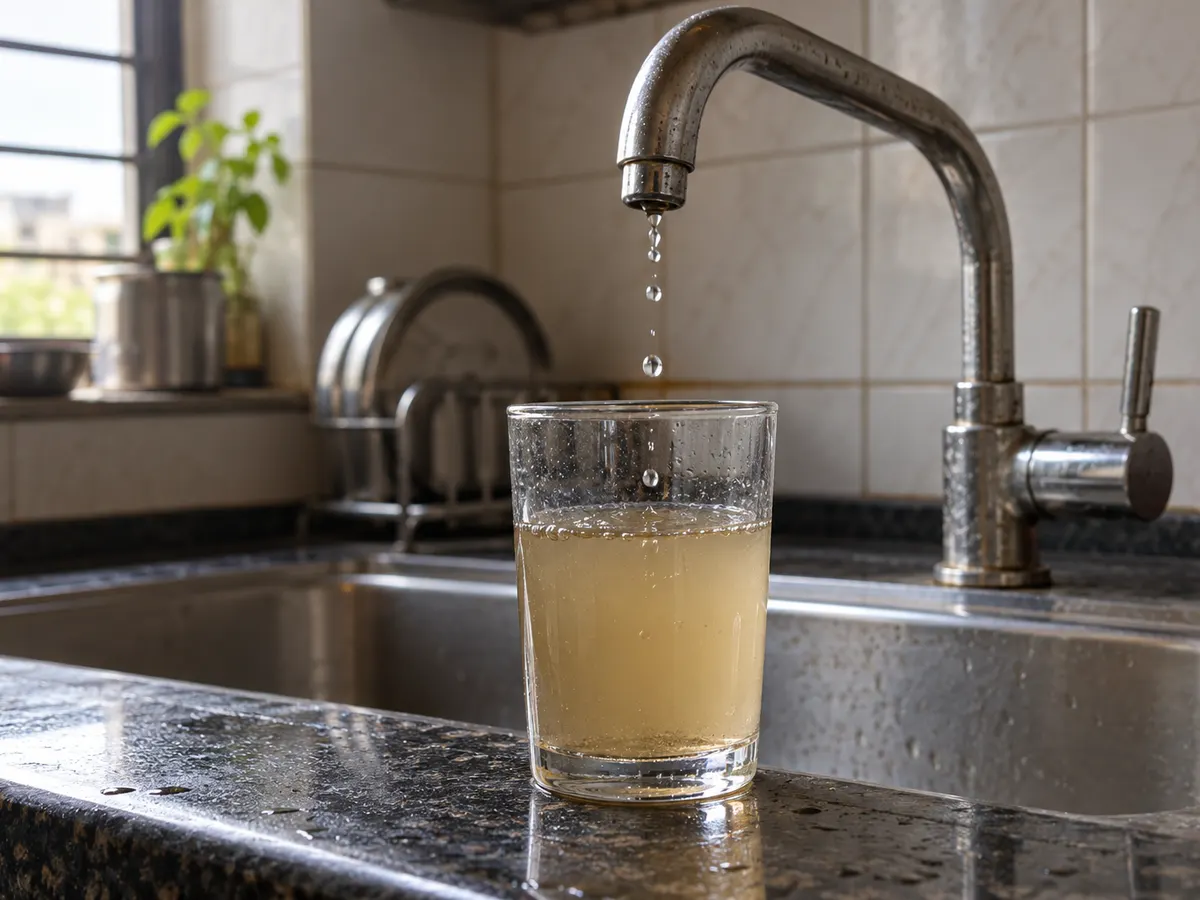 Glass of cloudy yellow-brown tap water standing on a kitchen counter under a tap