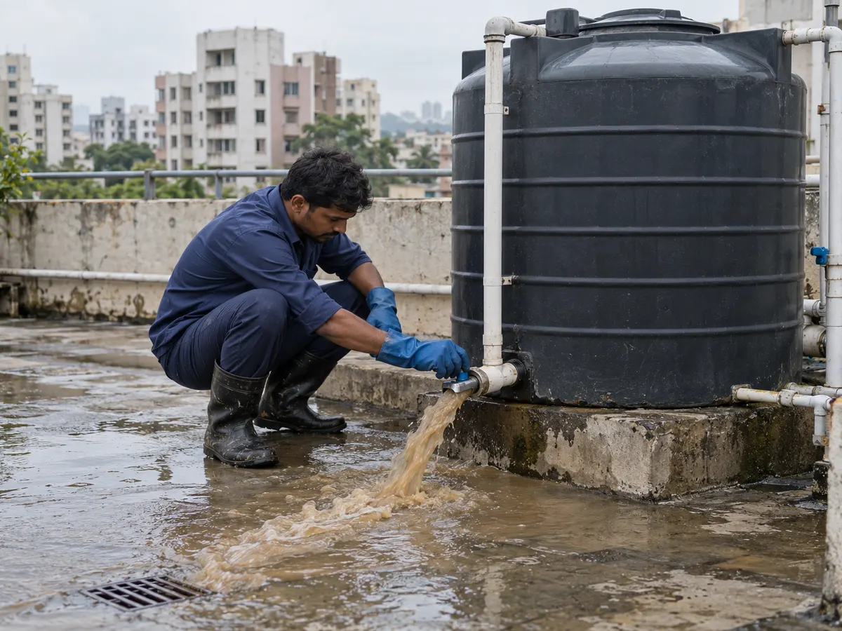 Technician draining muddy brown water from the drain pipe of a rooftop water tank
