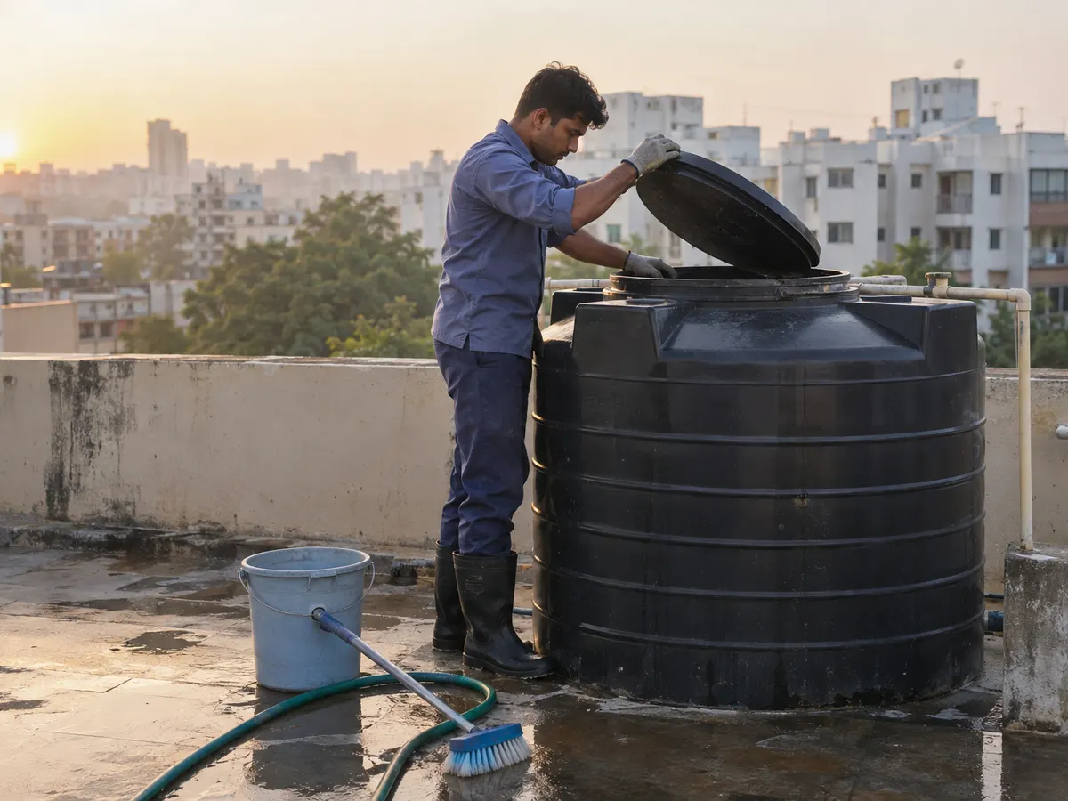 Technician in a plain work shirt opening the manhole of a rooftop water tank