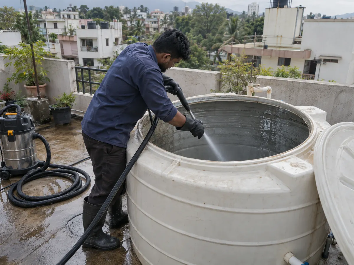 Technician pressure-washing the inside wall of an empty water tank
