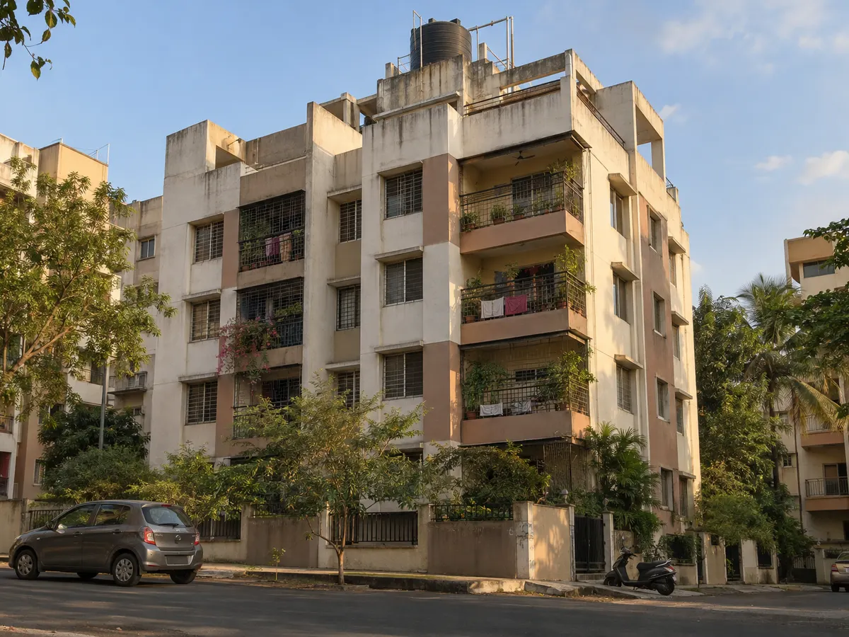 Residential apartment building seen from the street with a water tank on its roof
