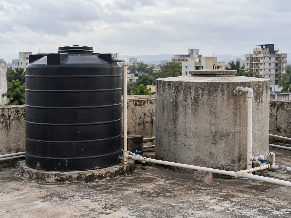 Rooftop with a black plastic tank beside a concrete water tank