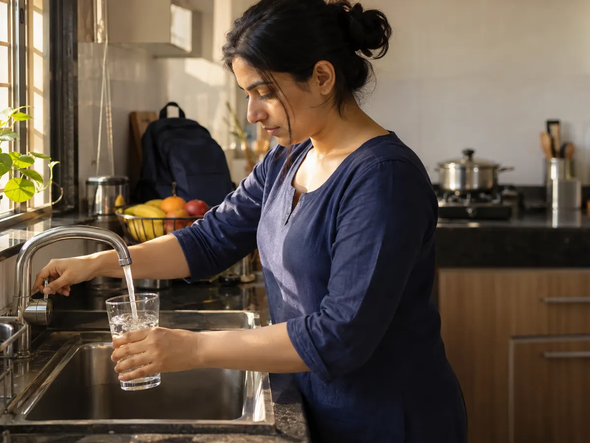Woman filling a glass of clear water from a kitchen tap at home