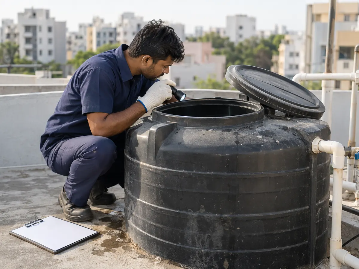 Technician shining a torch into the open manhole of a rooftop water tank to inspect it