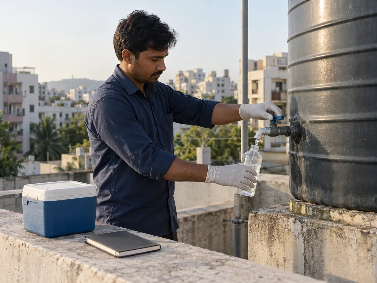 Technician collecting a water sample in a clean bottle from a tank