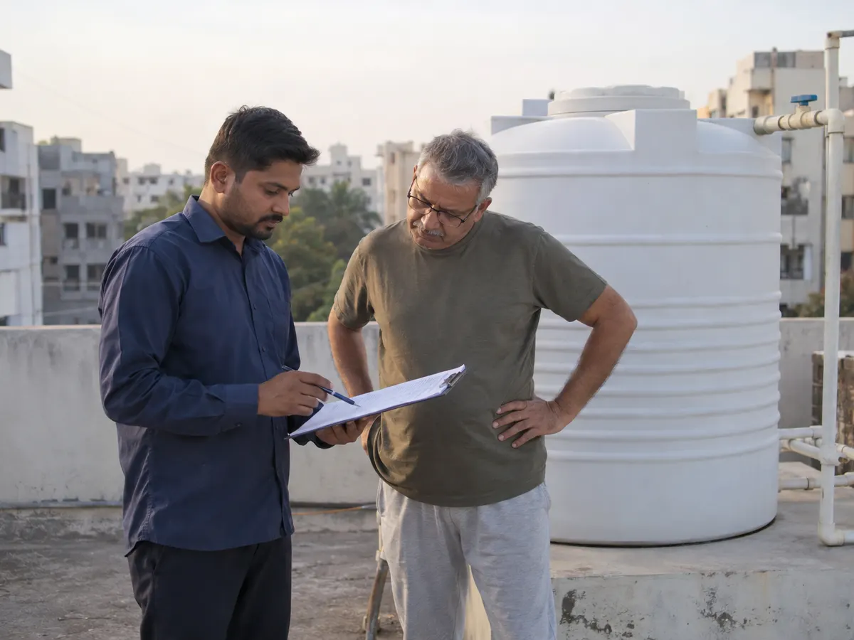 Technician and a society committee member reviewing a cleaning record beside a rooftop water tank