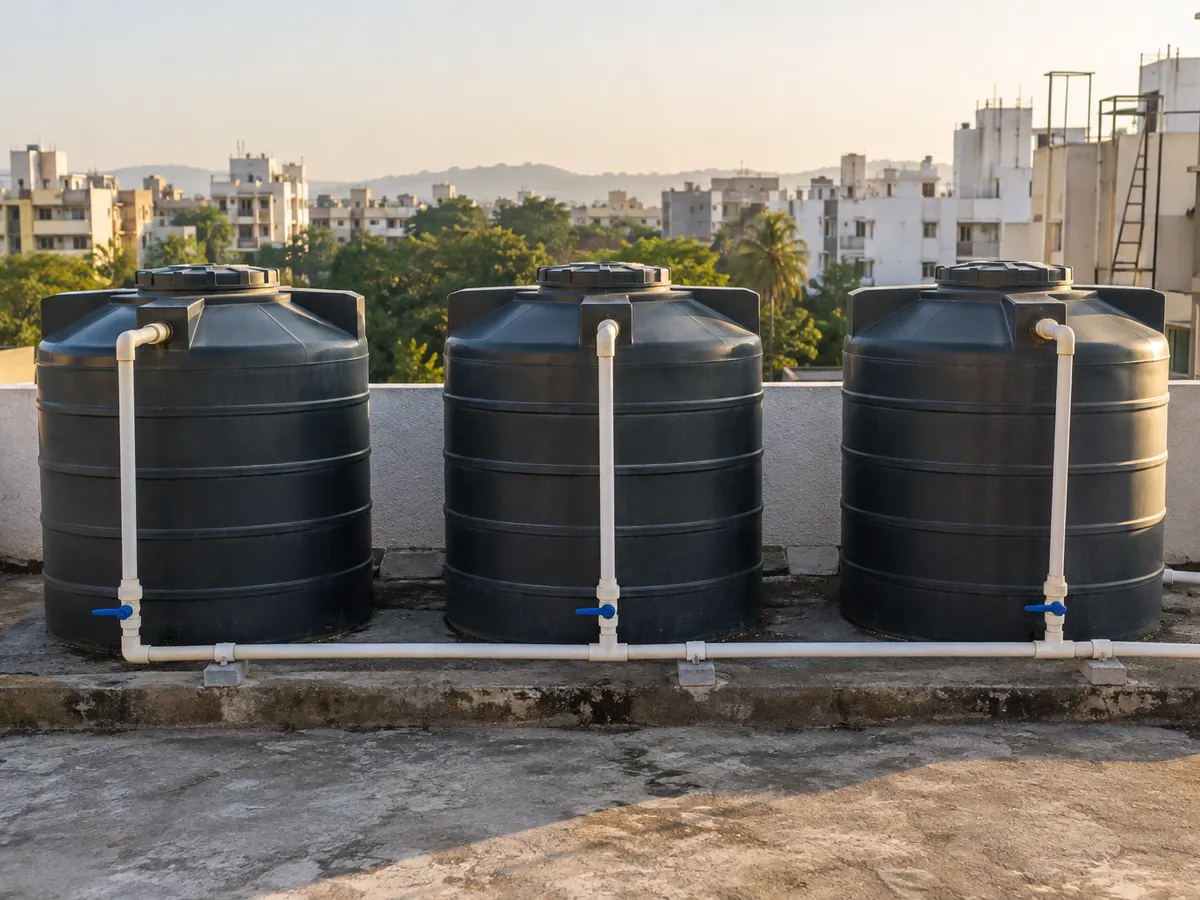 Row of three rooftop water tanks on a residential society building